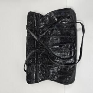 Vintage Stylish Black leather Pouch Purse with strap and hinged opening‎